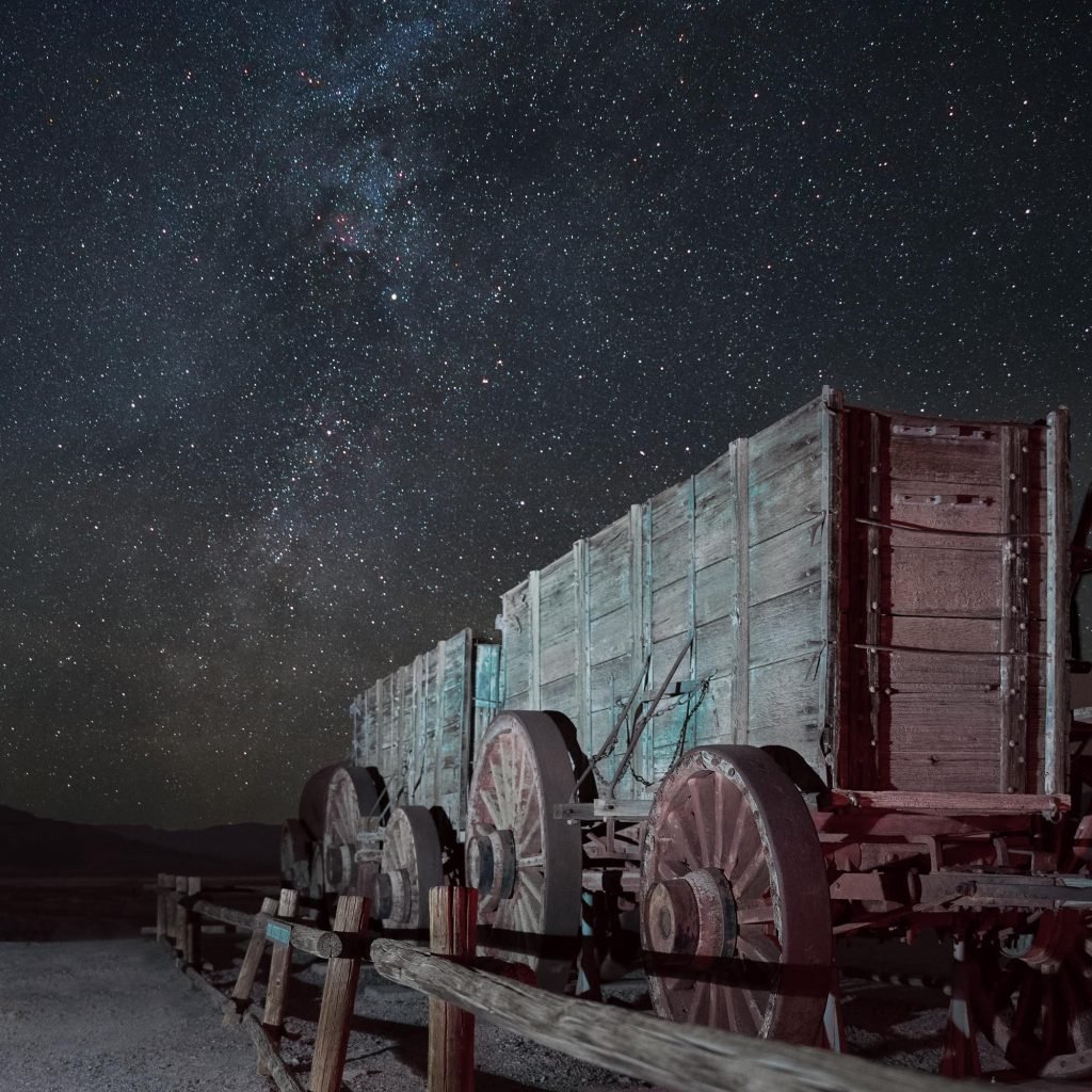 night sky image of borax wagon at Death Valley Nation Park