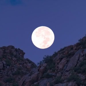 Full moon setting over Granite Mountain near Scottsdale, Arizona, with saguaro cacti at dawn