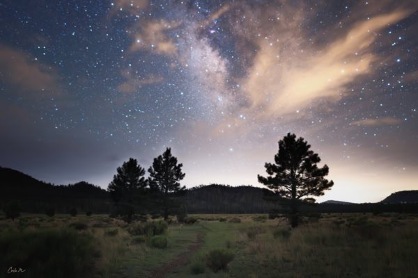Night photography of a trail through Bonito Meadows under a cloudy Milky Way near Flagstaff, Arizona.