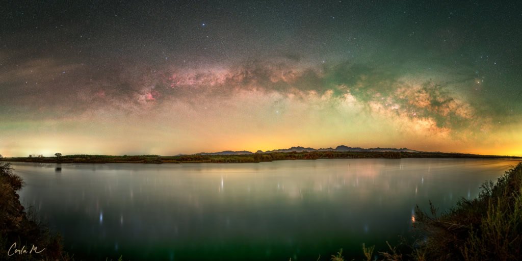 Colorado Milky Way Panoramic night photograph of the Milky Way arch reflecting in the Colorado River, near Yuma.