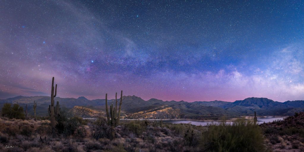 Milky Way rising dawn Bartlett Lake Arizona Verde River galaxy reflection panoramic astrophotography
