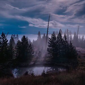 A night photograph of Yellowstone's West Yellowstone geysers with steam and a moonlit sky.