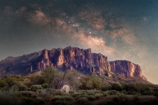 Superstition Mountain at night with the Milky Way